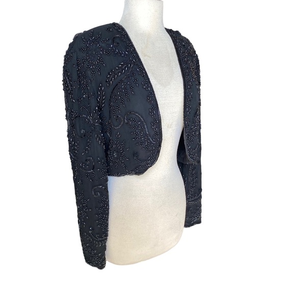 Adrianna Papell Vintage Silk Hand Beaded Cropped Jacket In Black - Picture 4 of 8
